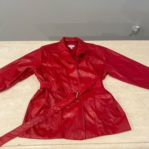 Red leather trench coat